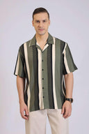 Men’s Vertical Stripe Shirt Casual Olive Green & Black Printed Button-Down