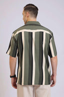 Men’s Vertical Stripe Shirt Casual Olive Green & Black Printed Button-Down
