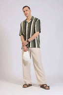 Men’s Vertical Stripe Shirt Casual Olive Green & Black Printed Button-Down