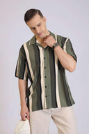 Men’s Vertical Stripe Shirt Casual Olive Green & Black Printed Button-Down