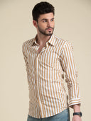 Beige & White Striped Casual Cotton Shirt