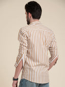 Beige & White Striped Casual Cotton Shirt
