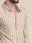 Beige & White Striped Casual Cotton Shirt